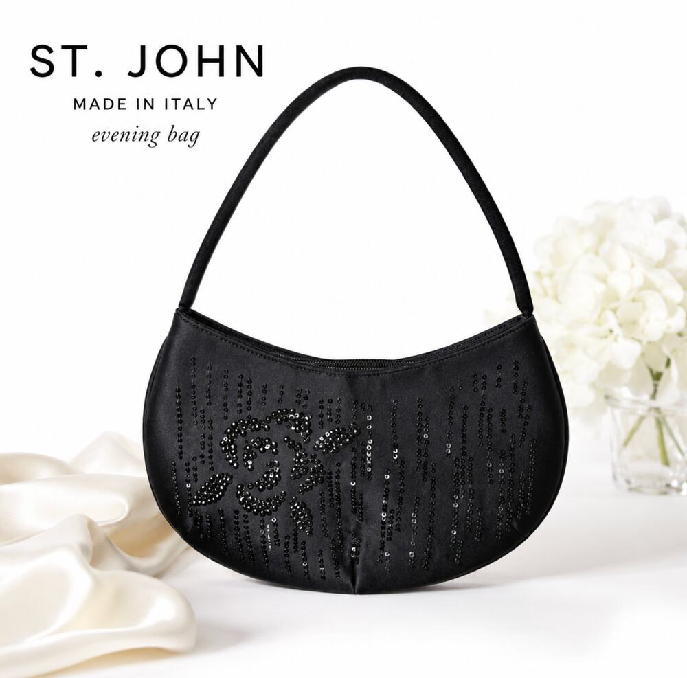 Y2K St. John Evening Bag Black Beaded Floral Satin Mini Made in Italy Designer